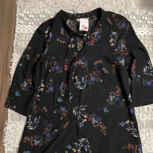 Black Print Dress with Neck Tie - Picture 1 of 3